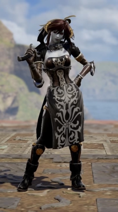 Brelyna Maryon from Skyrim. Vampire Armor. Forsworn Headdress. Dark Elf. Made using Creation mode in Soulcalibur 6. benjaminfrog.com