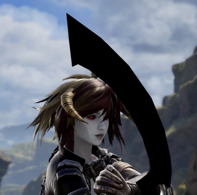 Brelyna Maryon from Skyrim. Vampire Armor. Forsworn Headdress. Dark Elf. Made using Creation mode in Soulcalibur 6. benjaminfrog.com