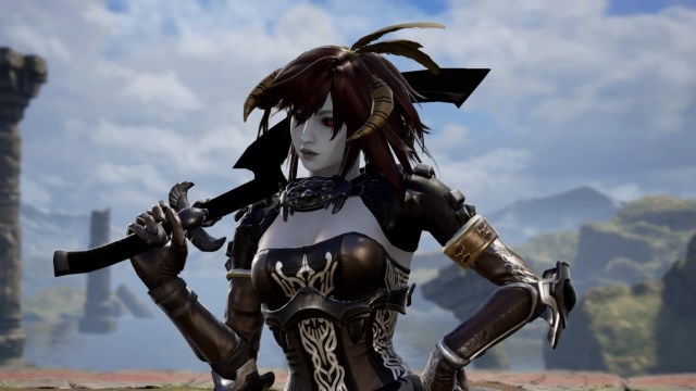 Brelyna Maryon from Skyrim. Vampire Armor. Forsworn Headdress. Dark Elf. Made using Creation mode in Soulcalibur 6. benjaminfrog.com