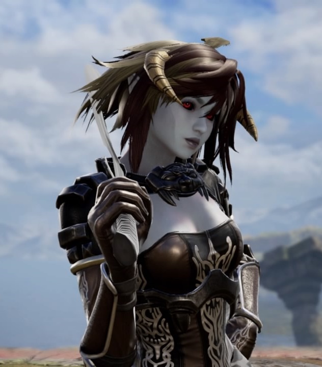 Brelyna Maryon from Skyrim. Vampire Armor. Forsworn Headdress. Dark Elf. Made using Creation mode in Soulcalibur 6. benjaminfrog.com